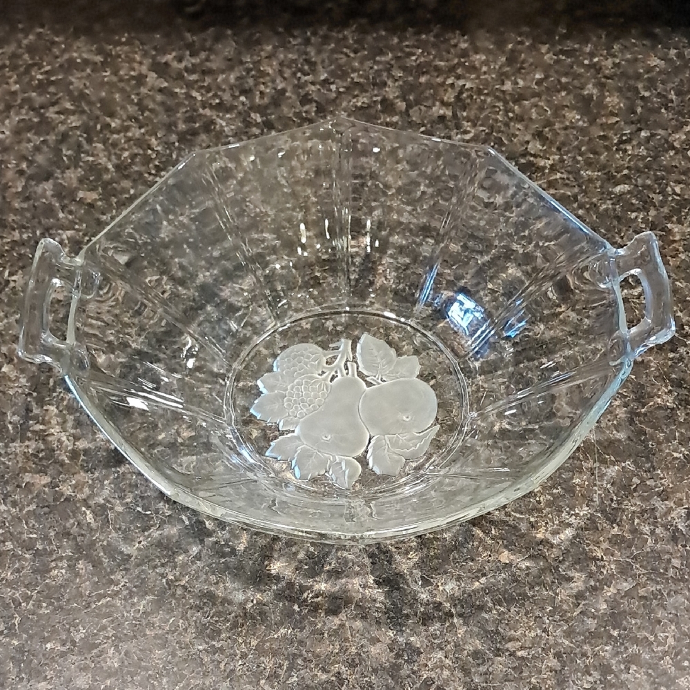 Vintage Glass Serving Bowl Feat. Frosted Intaglio Fruit Design 1930s